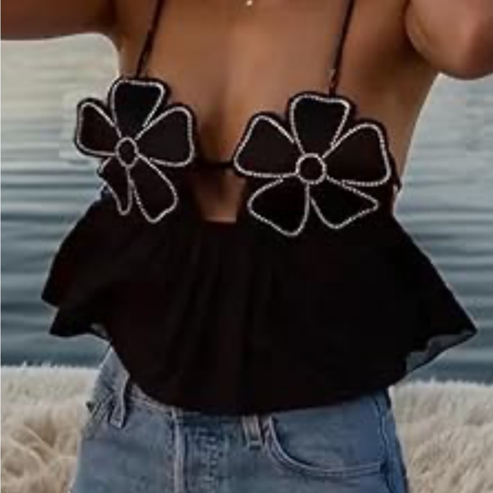Zara Black Floral Embellished Blouse